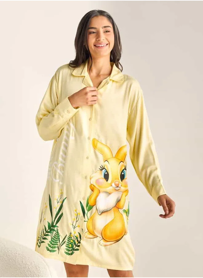 FAV Bunny Print Sleepshirt with Camp Collar and Long Sleeves