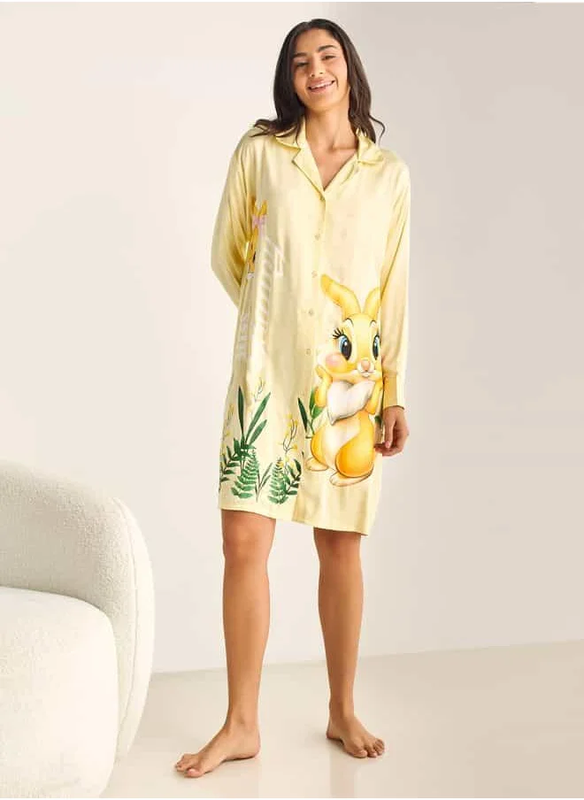 FAV Bunny Print Sleepshirt with Camp Collar and Long Sleeves