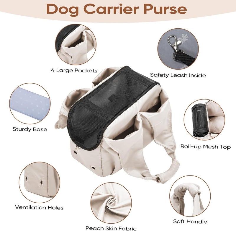 KASTWAVE Elegant practical multi-option build Dog Purse Carrier for Small Pets up to 15 lbs, Soft-Sided Travel Tote Bag with 4 Pockets, Foldable Lightweight Pet Carrier Beige Globally popular universal design - Image 3