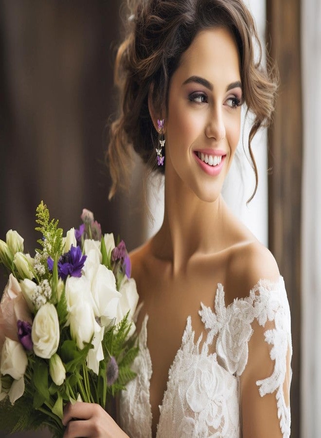 PPhtony أقراط فراشة من PPhtony، زوج واحد من الأقراط المتدلية على شكل فراشة طويلة مزينة بشرابة كريستالية للنساء (فراشة بنفسجية) - Image 5