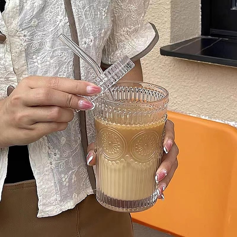 YAHUIPEIUS Glass Tumbler Stripe Vintage Drinking Glass Cup Coffee Cup With Lid and Straw Drinking Glasses for Water,Iced Coffee,Milk,Tea,Juice (B-Vintage), TWBZ-0115 - Image 5