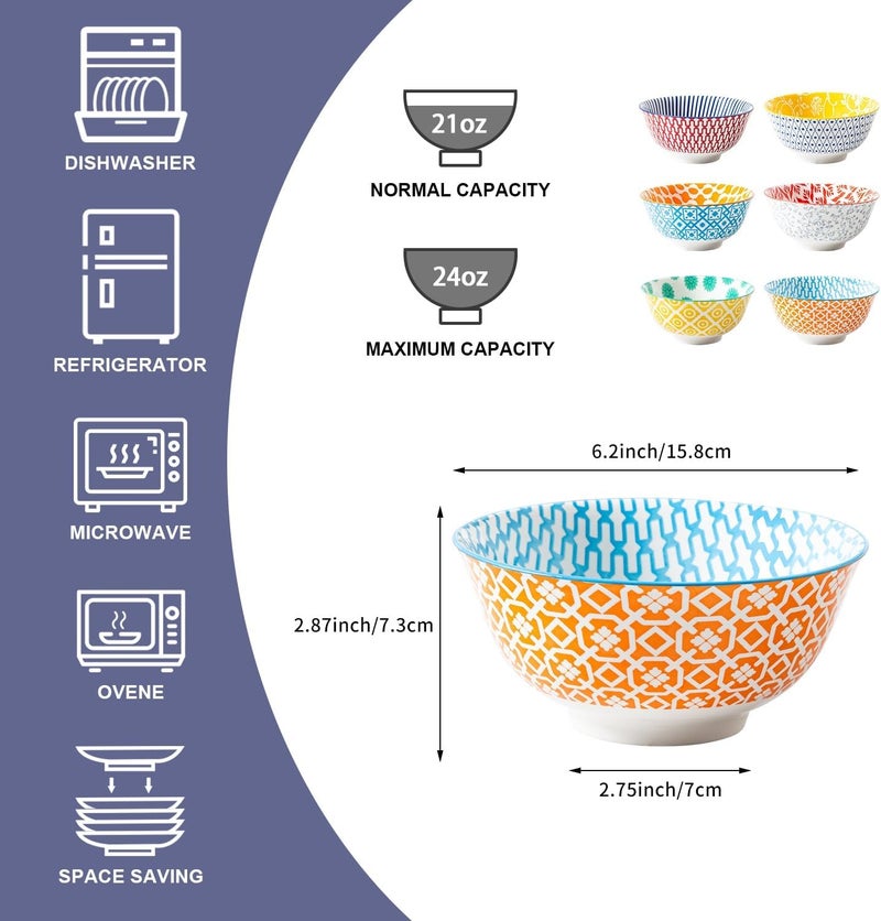 Cerkik Ceramic Soup Bowls Set 24 Oz Deep Cereal Bowl 6 Inch Large Kitchen Dinner Bowl Eating Pasta Salad Dessert Noodle Rice Oatmeal Microwave Dishwasher Safe Set of 6 Assorted Colors - Image 4