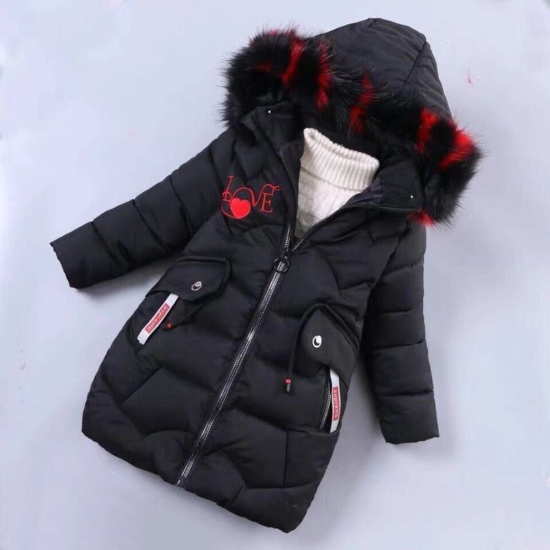 Winter New Girls Cotton-padded Clothes Korean Style Mid-length Thickened Letter Colorful Wool Collar Warm Cotton-padded Coat for Middle and Large Children Black 