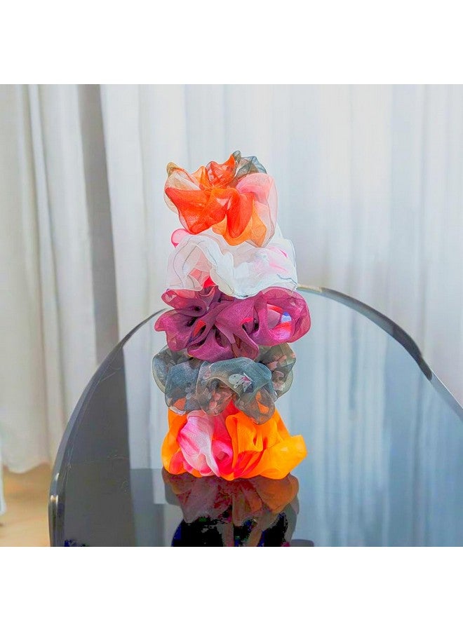 Fiable Collection Multicolour Hair Scrunchies Set, Organza Fabric, Orange Pink White Grey, Pack of 5 - Image 1