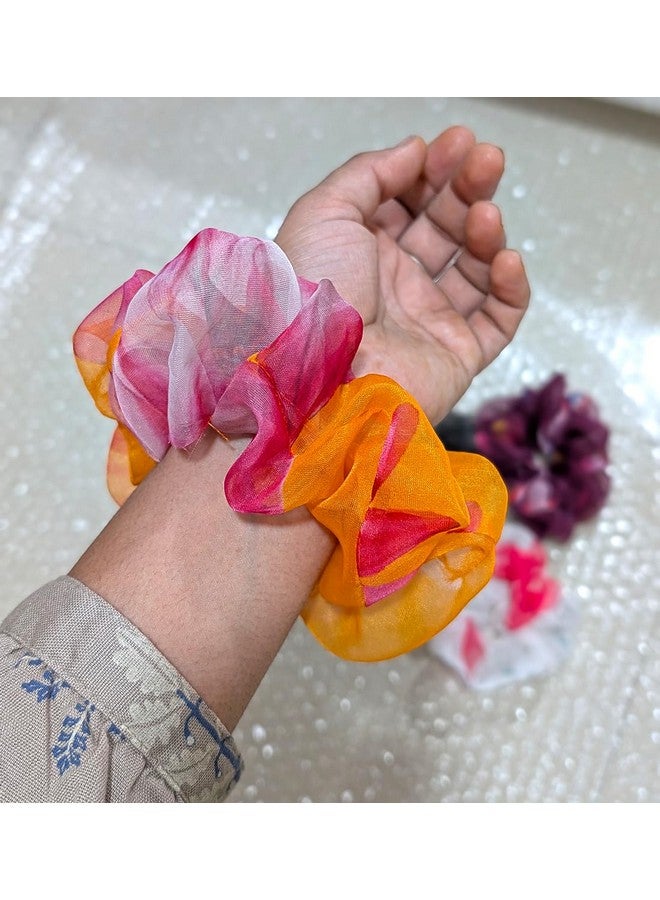 Fiable Collection Multicolour Hair Scrunchies Set, Organza Fabric, Orange Pink White Grey, Pack of 5 - Image 2