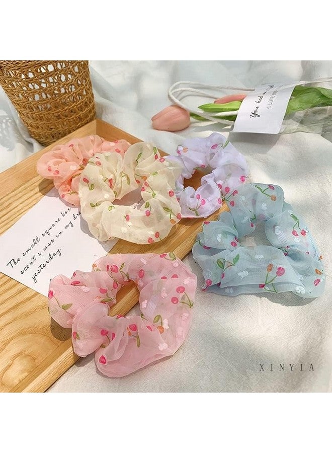 Fiable Collection Multicolour Hair Scrunchies Set, Organza Fabric, Orange Pink White Grey, Pack of 5 - Image 3