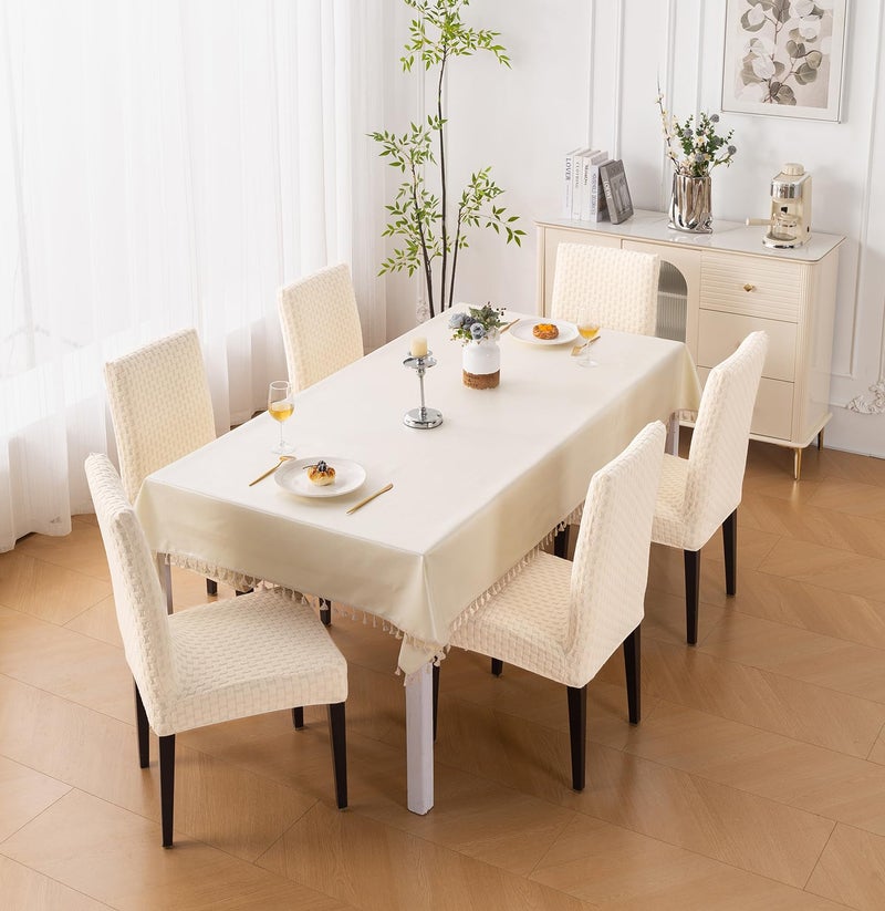 House of Quirk Stylish Jacquard Dining Chair Cover – 220 GSM Stretch Fabric, Universal Fit Short Seat Slipcover, Removable & Washable Protector (Beige, Pack of 4) - Image 4