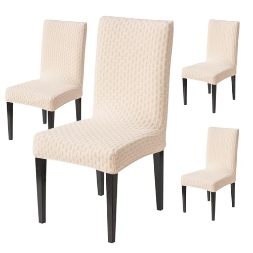 House of Quirk Stylish Jacquard Dining Chair Cover – 220 GSM Stretch Fabric, Universal Fit Short Seat Slipcover, Removable & Washable Protector (Beige, Pack of 4) - Image 1