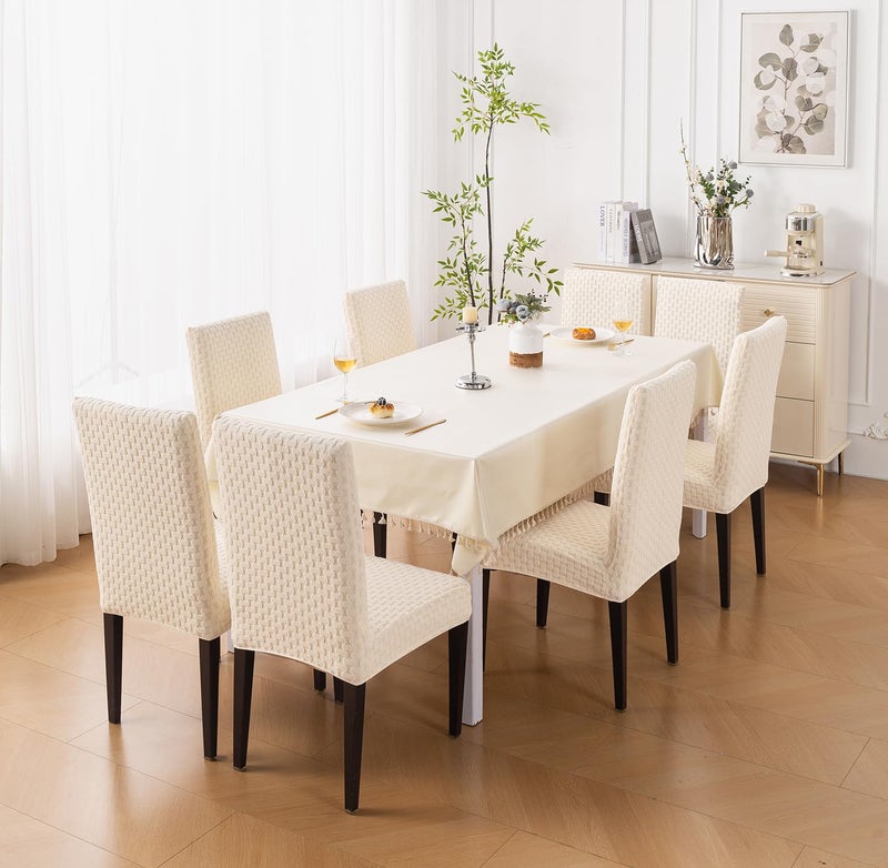 House of Quirk Stylish Jacquard Dining Chair Cover – 220 GSM Stretch Fabric, Universal Fit Short Seat Slipcover, Removable & Washable Protector (Beige, Pack of 4) - Image 3