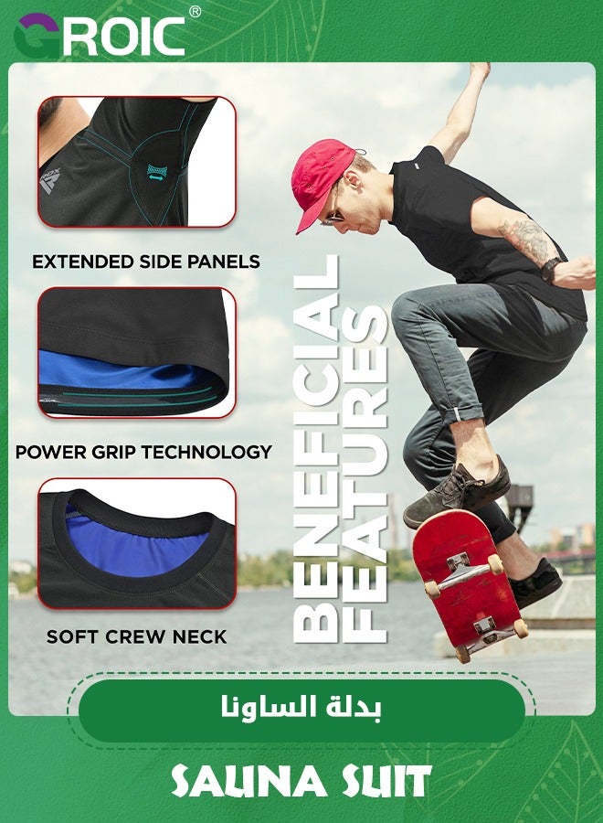 GROIC بدلة رياضية للرجال، بدلات ساونا رياضية، قميص تدريب الخصر للرجال، سترة ضغط للتمرين في صالة الألعاب الرياضية، أكمام قصيرة معززة للعرق، مشكل الجسم لفقدان الوزن لممارسة التمارين الرياضية، 4XL/5XL - Image 3
