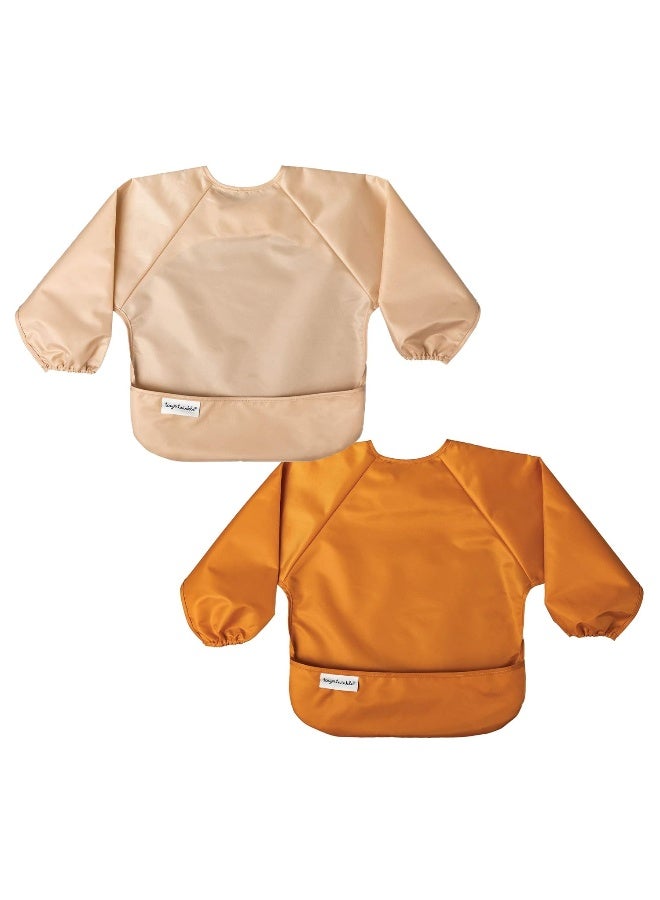 Tiny Twinkle Mess Proof Baby Bibs, 2pk Waterproof Smock Baby Bibs for Eating, Machine Washable Long Sleeve Bibs, Baby Led Weaning, Toddler Bibs, BLW Supplies (Sand Cinnamon, Small 6-24 Months) - Image 1