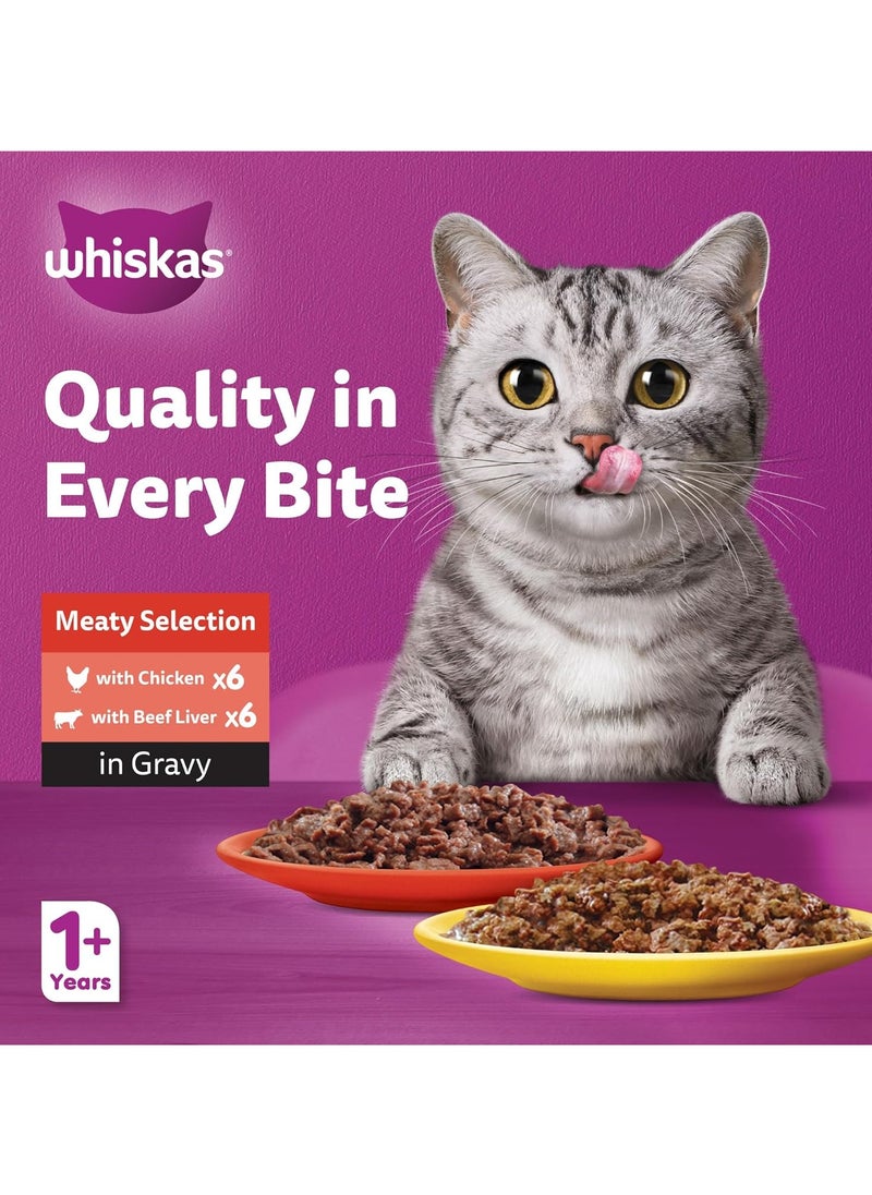 Whiskas - Meaty Selection In Gravy Wet Cat Food Pack Of 12X80G 6 Chicken Wet Food Pouches And 6 Beef Liver Wet Food Pouches - Image 1