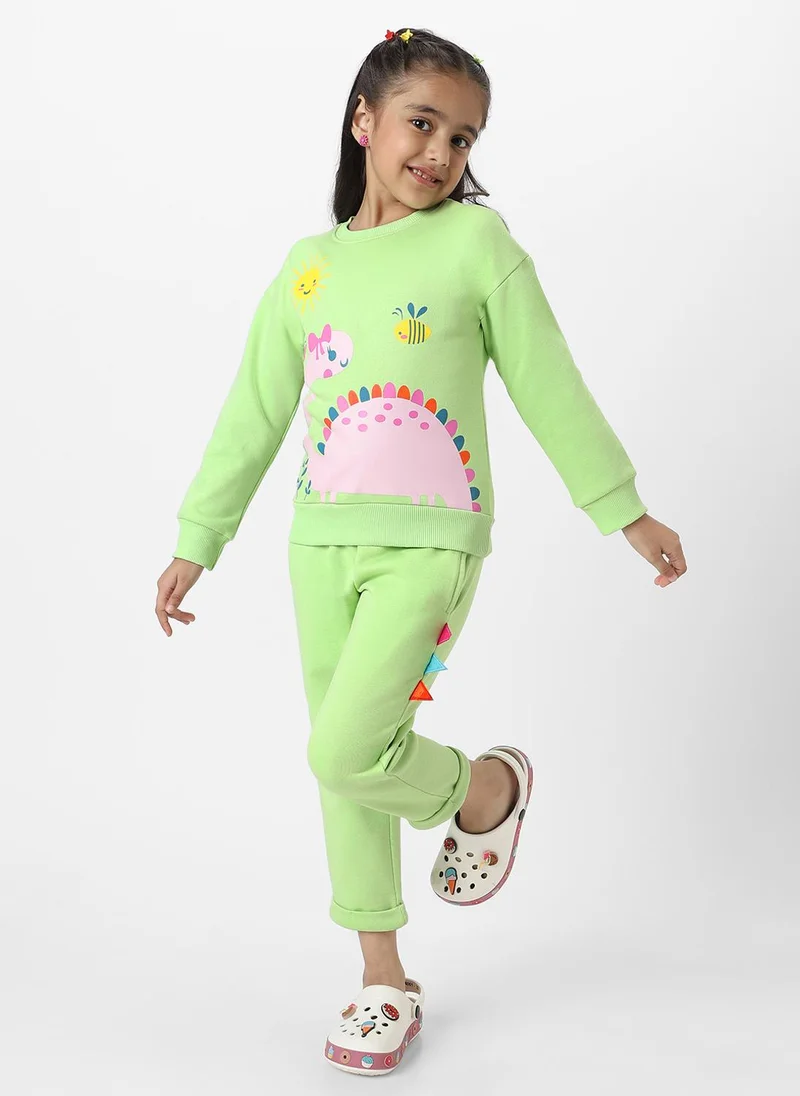 Nautinati Girls' Light Green Fleece Combo Set of Dino Printed Sweatshirt and Solid Joggers