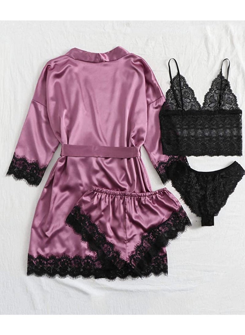 4 Pieces Floral Lace Blouse Robe And Lingerie Satin Pajama Set - Image 2