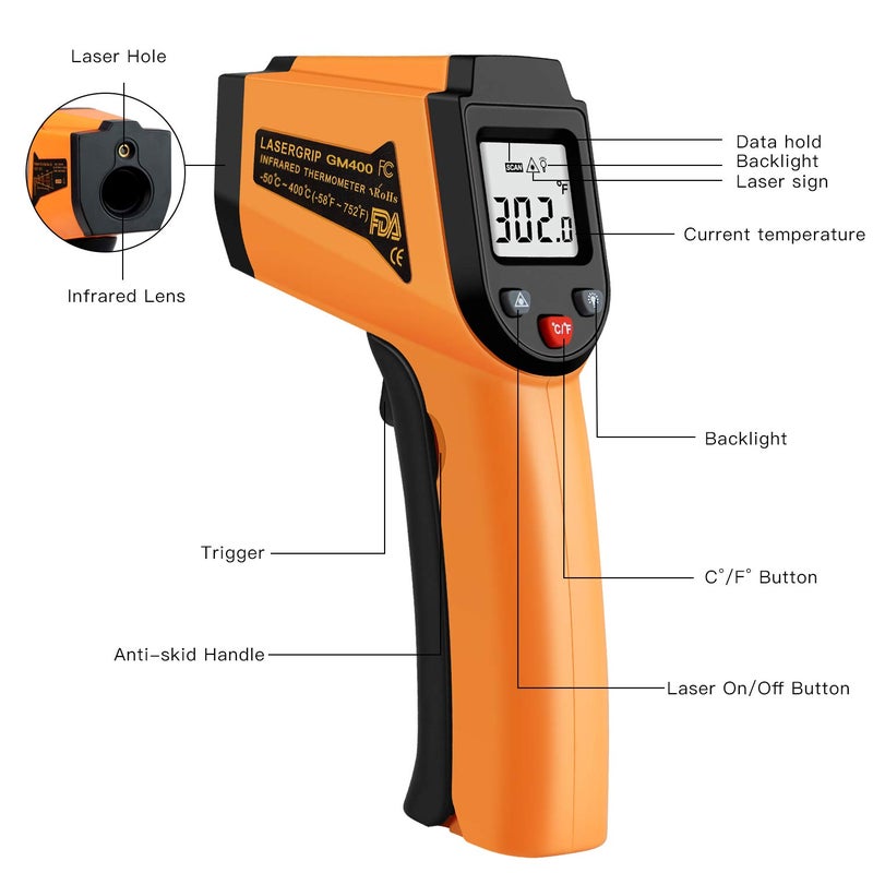 PPOGOO Kitchen Infrared Thermometer, -50°C to 400°C(-58°F to 752°F) Digital Laser Infrared Thermometer Gun - Image 2