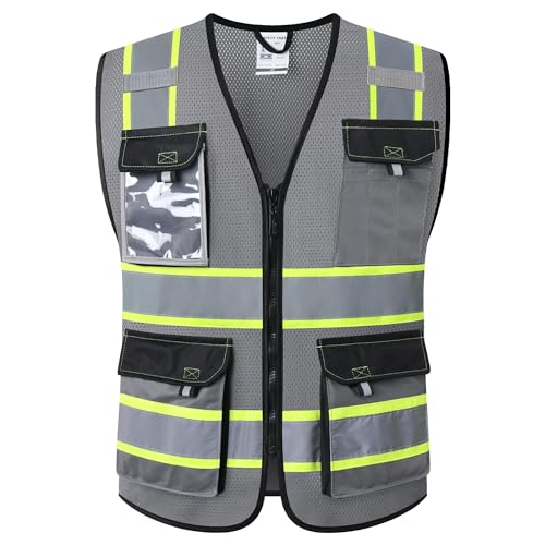 JKSafety Hi Vis Reflective Safety Vests for Men Women High Visibility Vest with Pockets Mesh Fabric Construction Safety Apparel Neon Vest for Work 220Grey M - Image 1