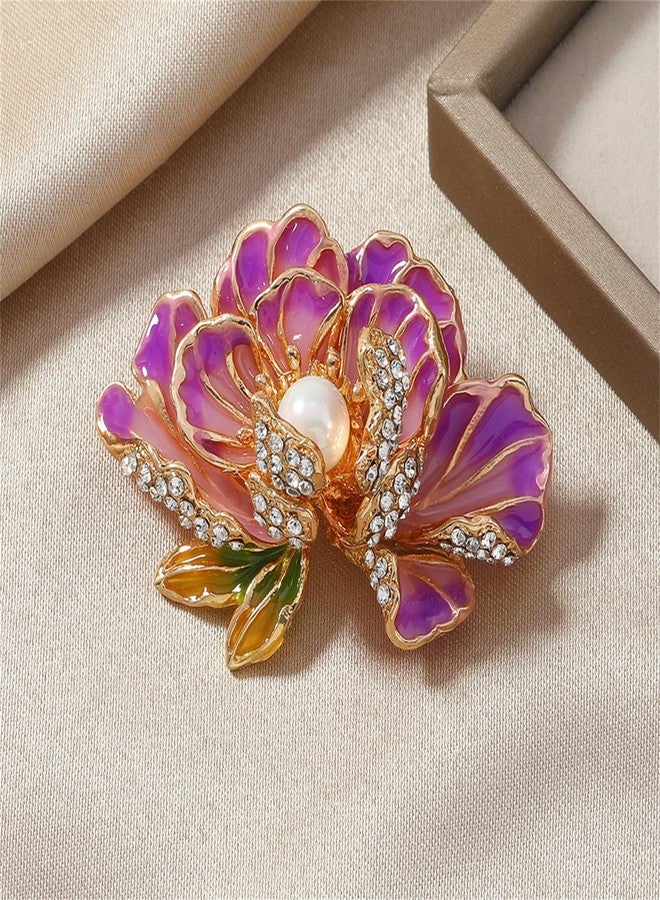 RLHRNDE Dainty Flower Brooch Pin for Women Classical Enamel Blue Peony Flower Brooch Natural Freshwater Pearl Exquisite Banquet Wedding Party Jewelry Accessories Gift (Purple) - Image 2