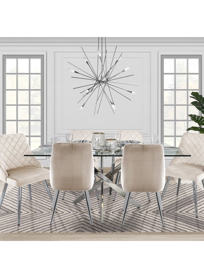 VANITY LIVING Dining Table Set 6 Seater – Davos Chrome Large with Milan Cream Velvet Chairs, Modern Rectangular Clear Tempered Glass Top & Sturdy Stainless Steel Frame – Elegant Kitchen & Dining Room - Image 3