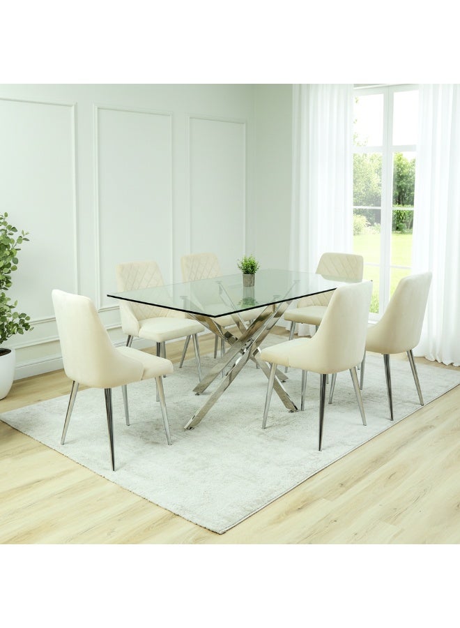 VANITY LIVING Dining Table Set 6 Seater – Davos Chrome Large with Milan Cream Velvet Chairs, Modern Rectangular Clear Tempered Glass Top & Sturdy Stainless Steel Frame – Elegant Kitchen & Dining Room - Image 1