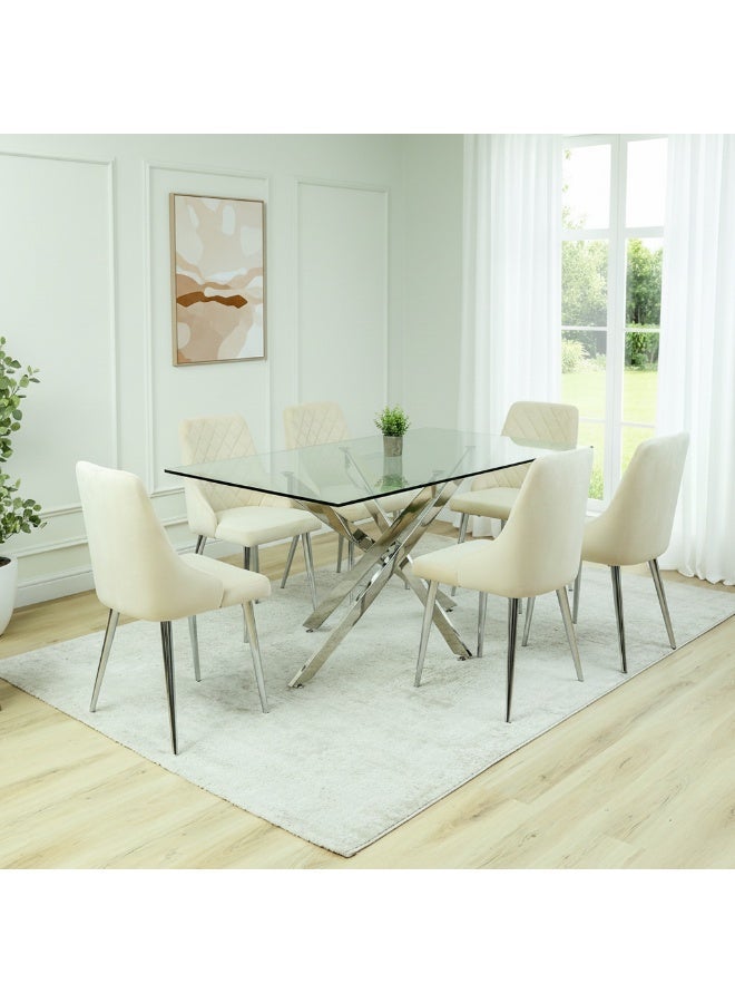 VANITY LIVING Dining Table Set 6 Seater – Davos Chrome Large with Milan Cream Velvet Chairs, Modern Rectangular Clear Tempered Glass Top & Sturdy Stainless Steel Frame – Elegant Kitchen & Dining Room - Image 2