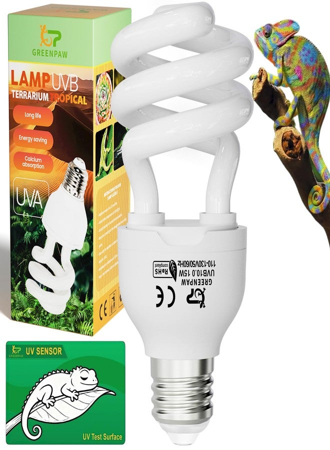 GREENPAW 15W UVB Reptile Light 5.0: UVB Light for Reptiles Tropical Subtropical - UVA UVB Reptile Light Bulb Safe - High Output UVB Bulb for Chameleon Turtle Gecko Snake Terrarium Lamp with Free UV Sensor Card - Image 1