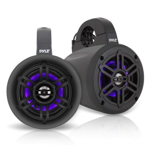 Pyle Waterproof Marine Wakeboard Tower Speakers - 4 Inch Dual Subwoofer Speaker Set w/ 300 Max Power Output - Boat Audio System w/Built-in LED Lights - Mounting Clamps Included PLMRLEWB46B (Black) - Image 1