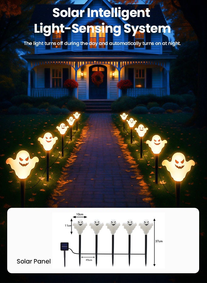 VUCATIN Halloween Ghosts Pathway Marker Lights Solar LED Outdoor Halloween Decorations String Lights Waterproof with 5 White Ghost Walkway Lights in for Outdoor Halloween Party Garden Patio Garden Lawn - Image 4