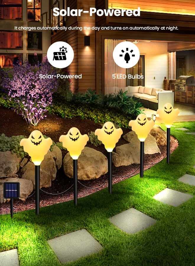 VUCATIN Halloween Ghosts Pathway Marker Lights Solar LED Outdoor Halloween Decorations String Lights Waterproof with 5 White Ghost Walkway Lights in for Outdoor Halloween Party Garden Patio Garden Lawn - Image 5