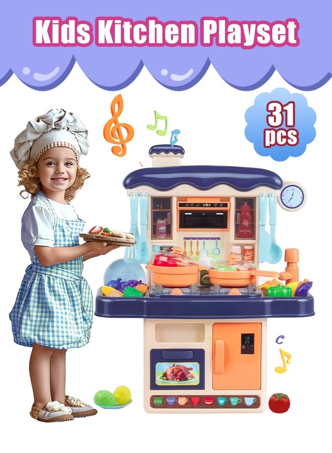 Kitchen Playset, Kitchen Pretend Play Toy Set, Rich Realistic Details Include Steam,Light,Water,Sound, Separable Design Kids Pretend Kitchen Toys, Role Play Cookware Indoor DIY Toy Set, 31pcs Accessories Toys Sets With Spray And Light for Boys, Girls, Kids, Children, Blue - Image 1