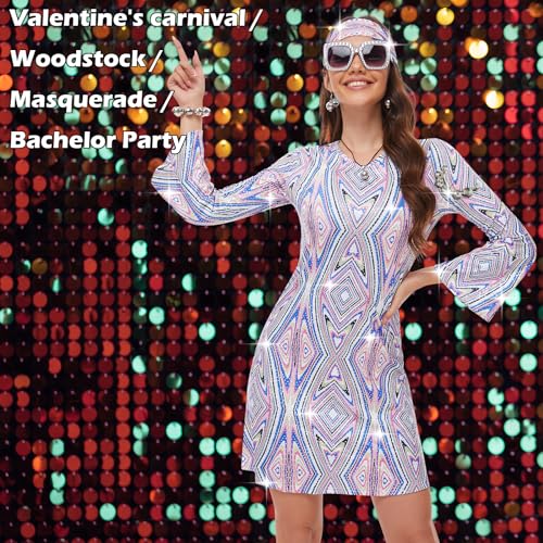 MRYUWB 70s Women Disco Dress Hippie Costumes Necklace Earrings Glasses, 60s 70s Birthday Outfits, 1970s Clothing Prom Dresses (Sparkle MultiColor, X-Large) - Image 3
