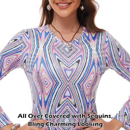 MRYUWB 70s Women Disco Dress Hippie Costumes Necklace Earrings Glasses, 60s 70s Birthday Outfits, 1970s Clothing Prom Dresses (Sparkle MultiColor, X-Large) - Image 4