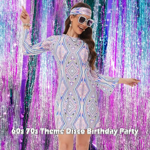 MRYUWB 70s Women Disco Dress Hippie Costumes Necklace Earrings Glasses, 60s 70s Birthday Outfits, 1970s Clothing Prom Dresses (Sparkle MultiColor, X-Large) - Image 2