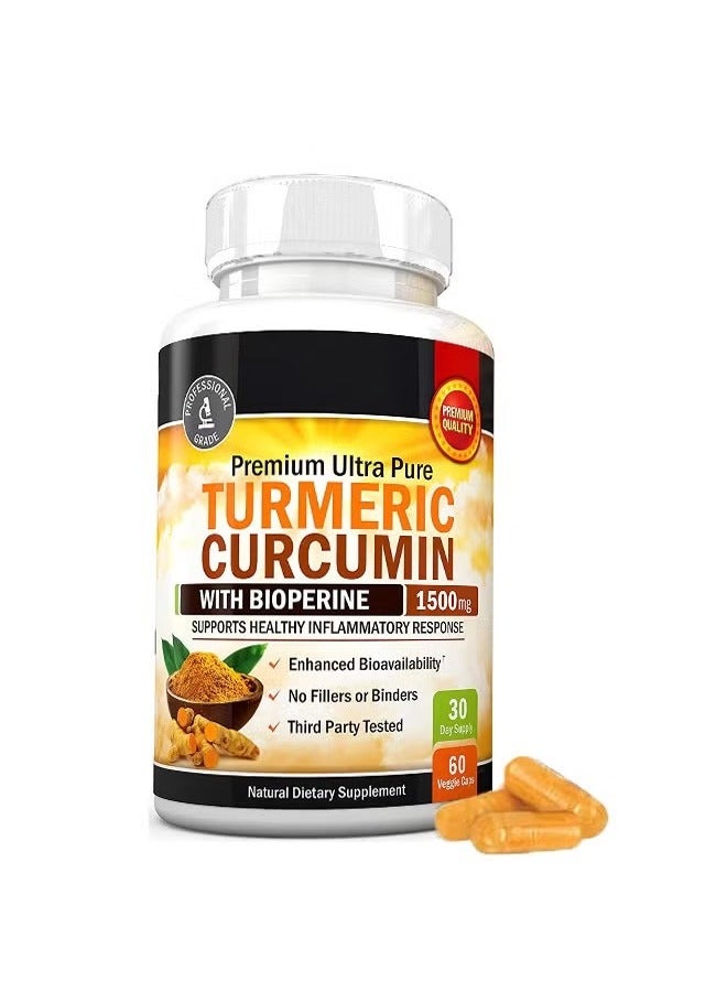 Turmeric Curcumin Plus Premium Ultra Pure Turmeric Curcumin with Bioperine 1500mg, Support Healthy Inflammatory Response, Natural Dietary Supplement, 60 Veggie Capsules - Image 1