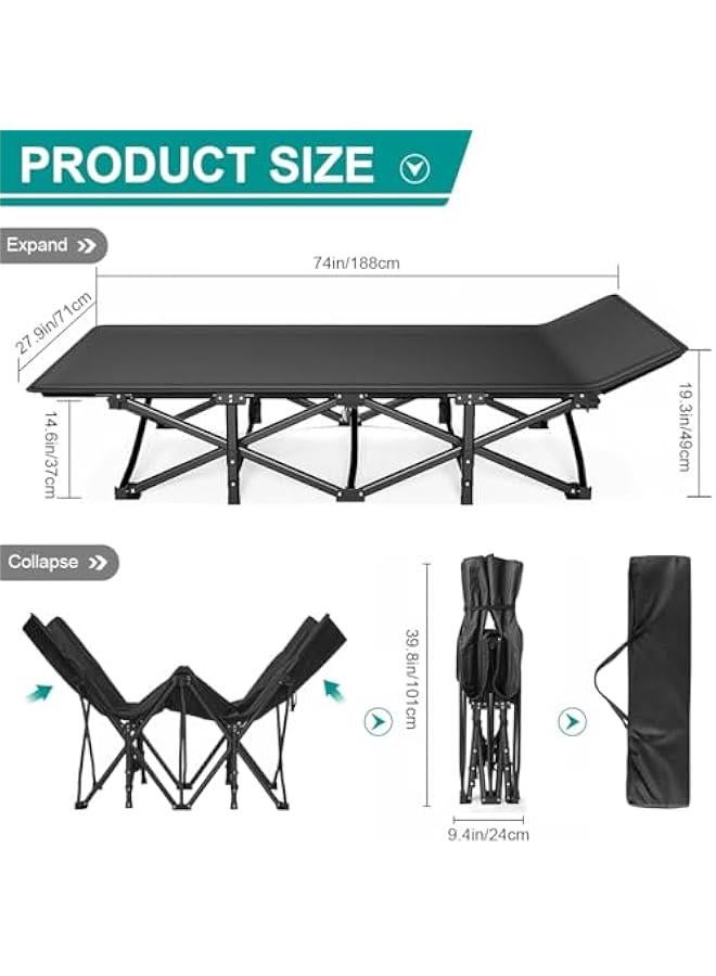 HOOKOR سرير تخييم قابل للطي 28 إنش للبالغين، سرير نوم محمول مع مرتبة، سرير قوي للاستخدام الخارجي للتخييم، المنزل، المكتب، السفر، العطلات (أسود) - Image 2