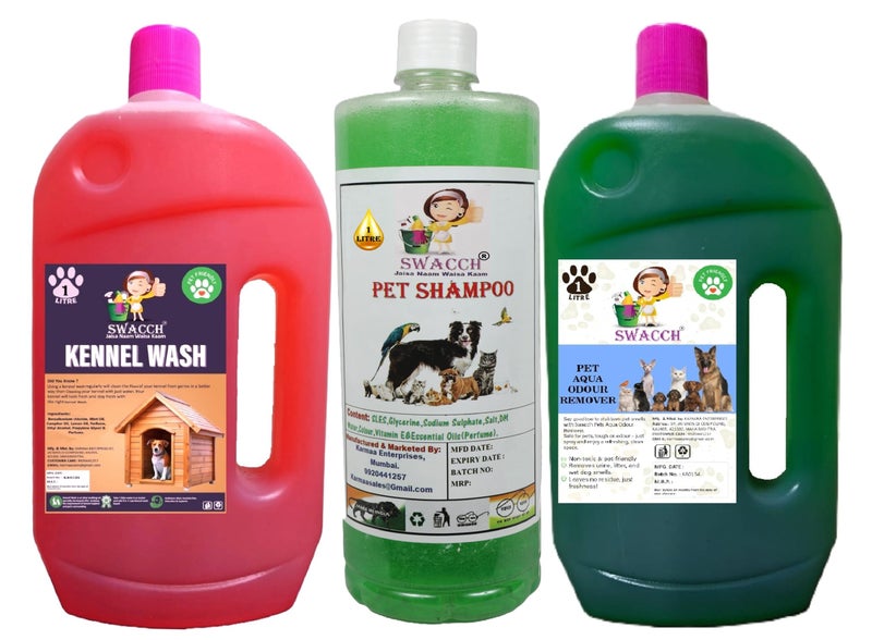 swacch Kennel Wash (Rose) + Pet Shampoo (Neem Alovera) I Pet Aqua Odour Remover (Mogra) 1 Litre Combo Pack of 3 Economical Pack I Dog and Cat Friendly - Image 1