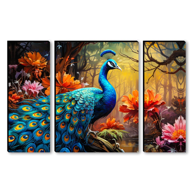SAF Peacock Wall Painting – 3 Panel Nature Artwork with Vibrant Flowers | Majestic Peacock in Forest Scene | Elegant Wall Décor for Living Room, Bedroom, Lobby & Home Interiors (20 x 12 Inch) JM-36116 - Image 3