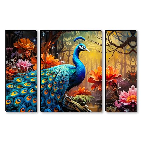 SAF Peacock Wall Painting – 3 Panel Nature Artwork with Vibrant Flowers | Majestic Peacock in Forest Scene | Elegant Wall Décor for Living Room, Bedroom, Lobby & Home Interiors (20 x 12 Inch) JM-36116 - Image 1