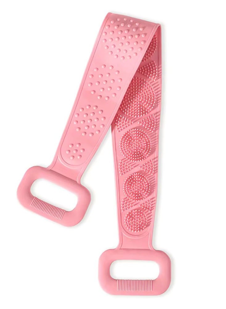 Pink Silicone Double-Sided Back Scrubber Strap with Handles – Extra Long Exfoliating Shower Loofah - Image 1