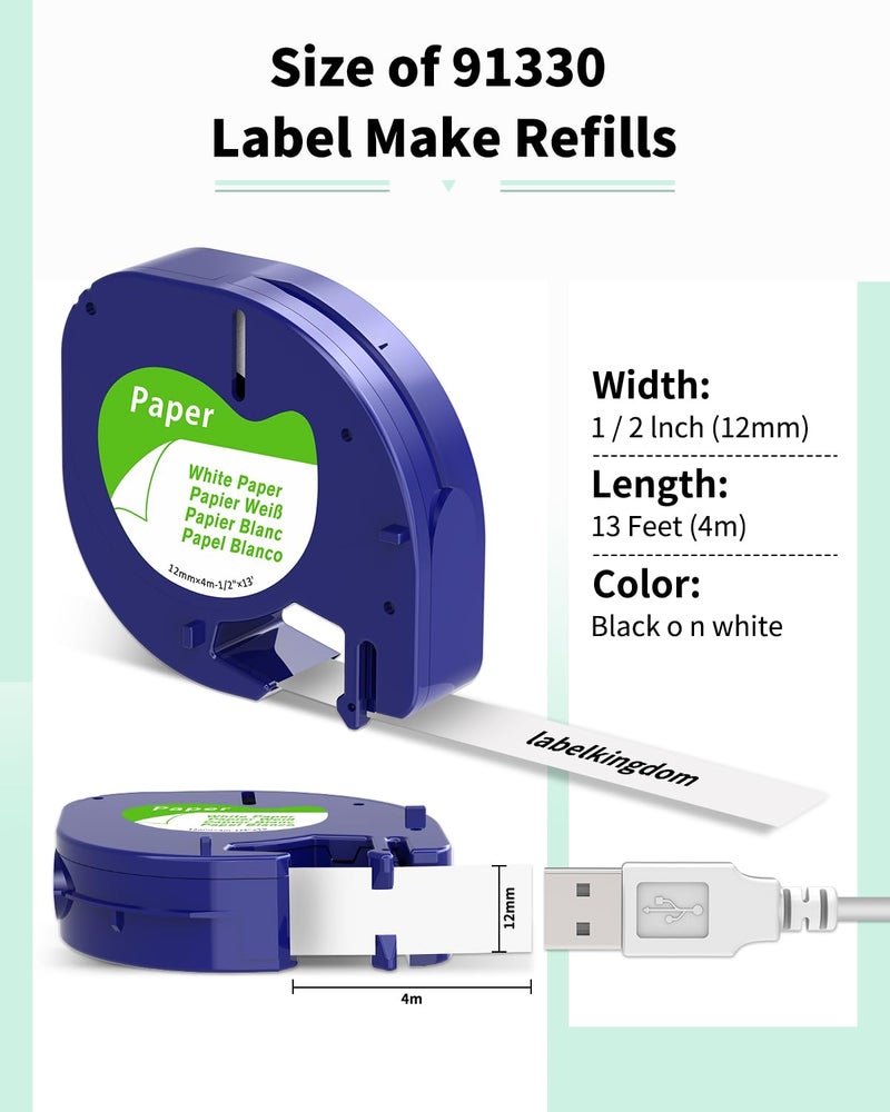 Label Kingdom Replacement For Dymo Letratag Refills White Paper Tape Compatible With Dymo Tape Refills 91330 Self-Adhesive For Dymo Letratag Lt-100T Lt-100H Qx50 Label Maker, 1/2 Inch X 13 Ft, 3-Pack - Image 5
