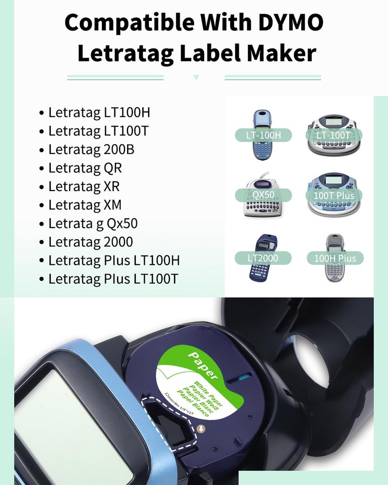 Label Kingdom Replacement For Dymo Letratag Refills White Paper Tape Compatible With Dymo Tape Refills 91330 Self-Adhesive For Dymo Letratag Lt-100T Lt-100H Qx50 Label Maker, 1/2 Inch X 13 Ft, 3-Pack - Image 2