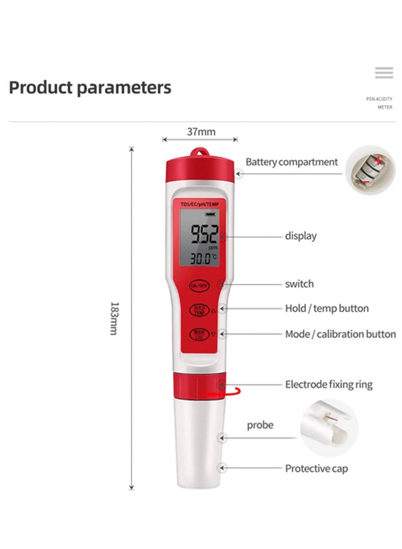 4 in 1 Digital PH EC TDS Temp Meter Water Quality Tester Titanium Alloy Probe ATC for Pool Aquarium Drinking Water Hydroponics Beer Wine - Image 3