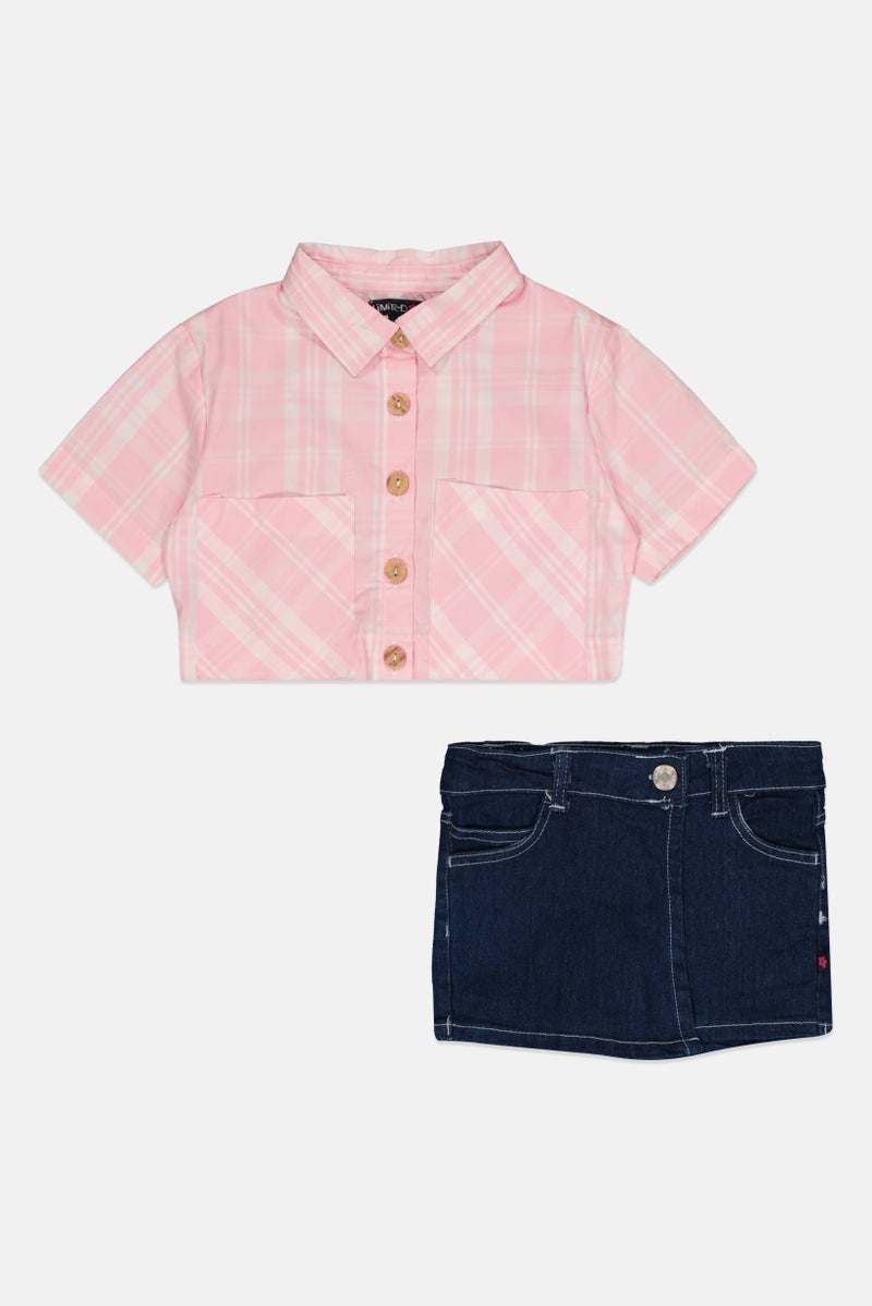 Limited Too Kids Girls 2 Pieces Plaid Shirt And Denim Shorts, Multicolor - Image 2