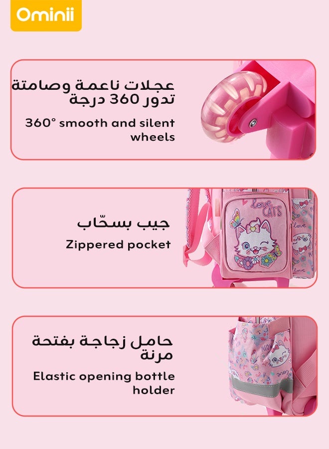 أوميني طقم شنطة مدرسية بعجلات للبنات 4 قطع – تصميم قطة وردي مع حقيبة غداء، مقلمة، وحامل زجاجة – سعة كبيرة، مقاومة للماء – مناسب لعمر 5–15 سنة  - Image 3