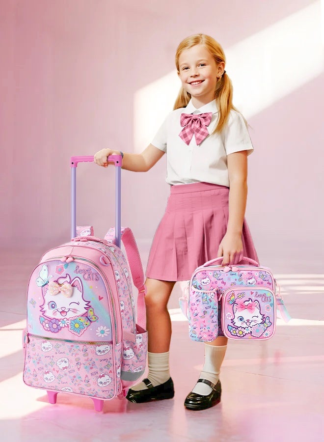 Ominii 4PCS Rolling School Backpack Set for Girls – Pink Cat Design with Lunch Bag, Pencil Case & Bottle Holder – Large-Capacity, Waterproof & Durable – Ideal for Ages 5–15  - Image 5