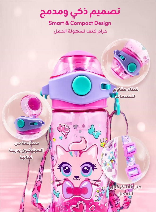 Ominii 4PCS Rolling School Backpack Set for Girls – Pink Cat Design with Lunch Bag, Pencil Case & Bottle Holder – Large-Capacity, Waterproof & Durable – Ideal for Ages 5–15  - Image 4