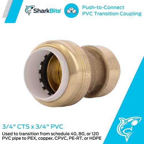 SharkBite 3/4 Inch CTS x 3/4 Inch PVC Transition Coupling, Push to Connect Brass Plumbing Fitting, PEX Pipe, Copper, CPVC, PE-RT, HDPE, UIP4016A - Image 2