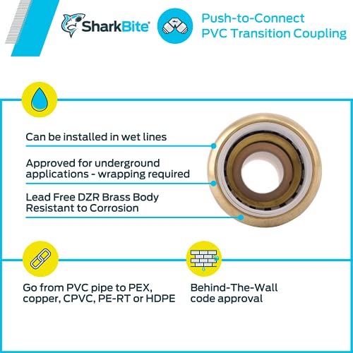 SharkBite 3/4 Inch CTS x 3/4 Inch PVC Transition Coupling, Push to Connect Brass Plumbing Fitting, PEX Pipe, Copper, CPVC, PE-RT, HDPE, UIP4016A - Image 4