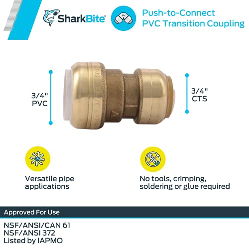 SharkBite 3/4 Inch CTS x 3/4 Inch PVC Transition Coupling, Push to Connect Brass Plumbing Fitting, PEX Pipe, Copper, CPVC, PE-RT, HDPE, UIP4016A - Image 3