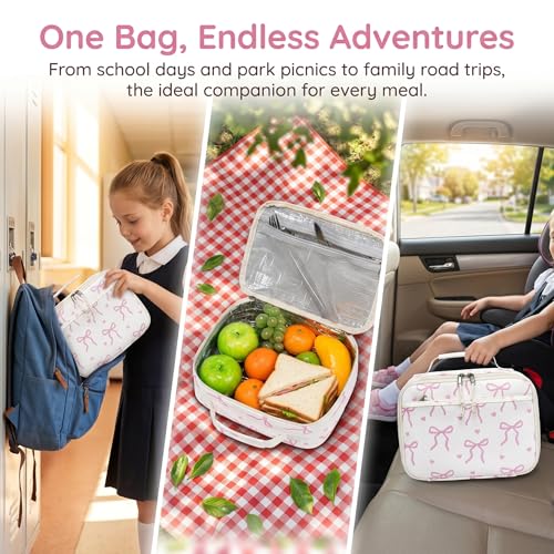 LOIDOU Insulated Lunch Bag for Kids Girls, Cute Bow Insulated Lunch Box Bag for Toddler, Womens Small Lunch Tote, Lunch Box Containers for School Work Picnic, Pink - Image 2