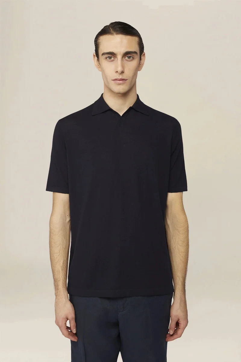 Men's 100% cotton knit polo shirt with Derby collar - Blue Navy